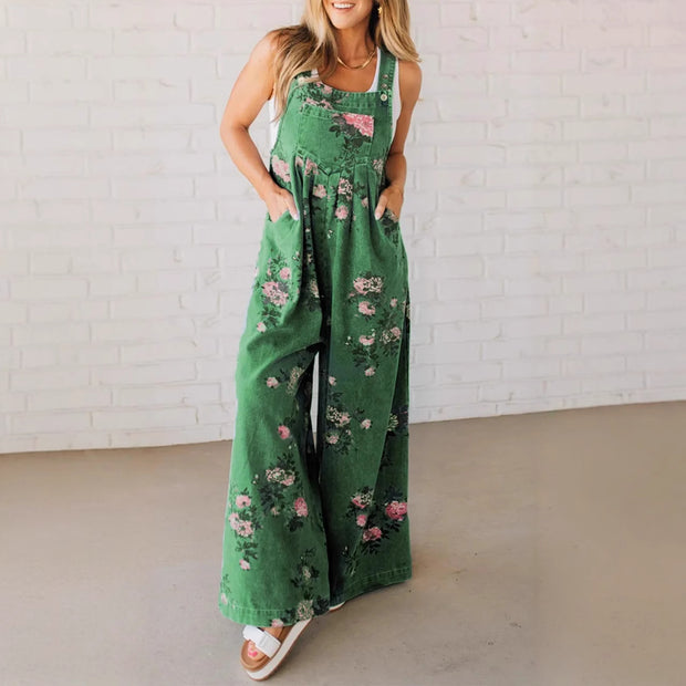 Damen Baumwoll-Overall mit floralem Druck und weiten Beinen WW