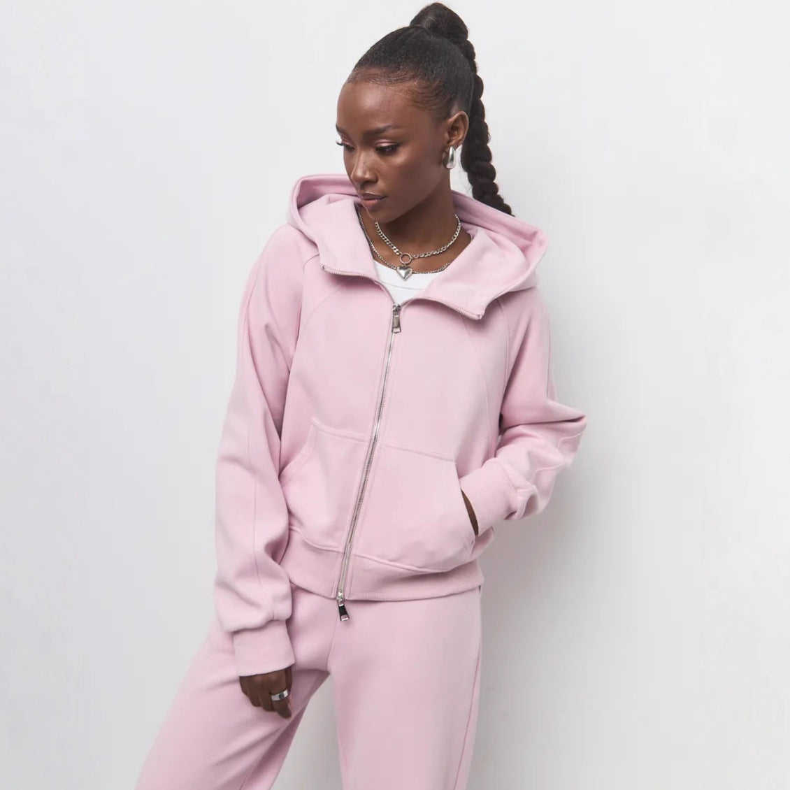 Damen sportliches Fleece-Hoodie-Set mit verschließbarem Reißverschluss WW