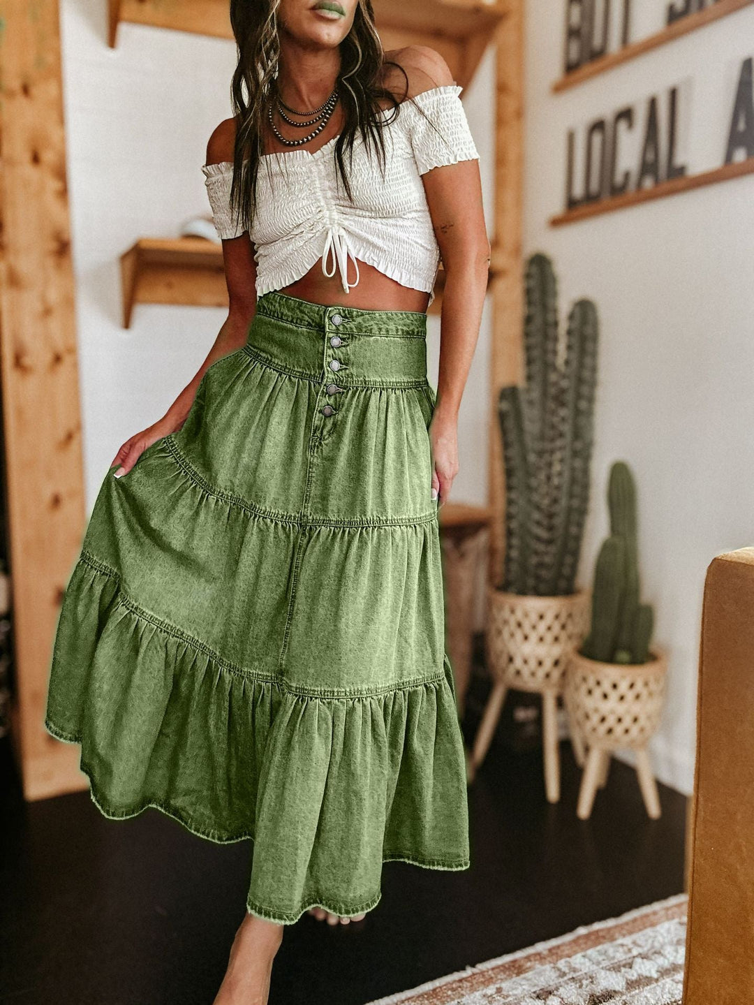 Damen Baumwollrock mit voluminösem Stufen-Design und modischem Knopfdetail W&W Mode