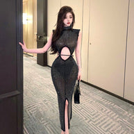 WWMODE | Sexy Mesh Durchsichtig Strass Hollow Split Bodycon Kleid
