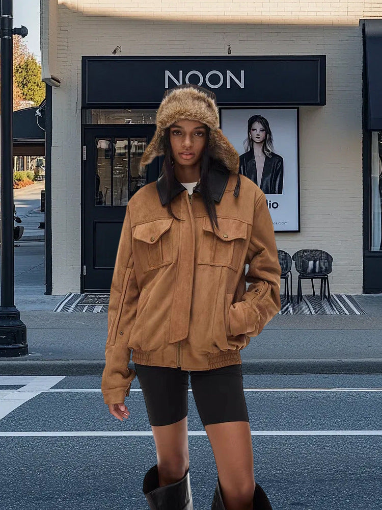 Damen Kunstlederjacke mit abnehmbarer Kapuze und voluminösen Ärmeln WW