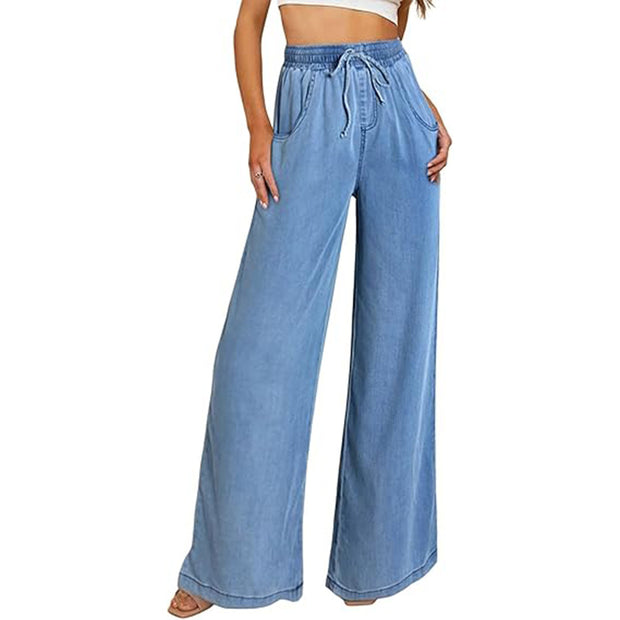 Damen weite Jeanshose mit elastischem Bund und seitlichen Taschen WW