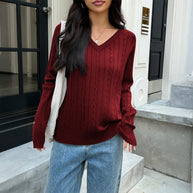 Damen Strickpullover mit V-Ausschnitt und feinem Zopfmuster WW