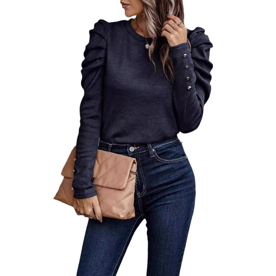 Damen entspannter Pullover mit modischen Rüschendetails und hochgelegten Ärmeln WW