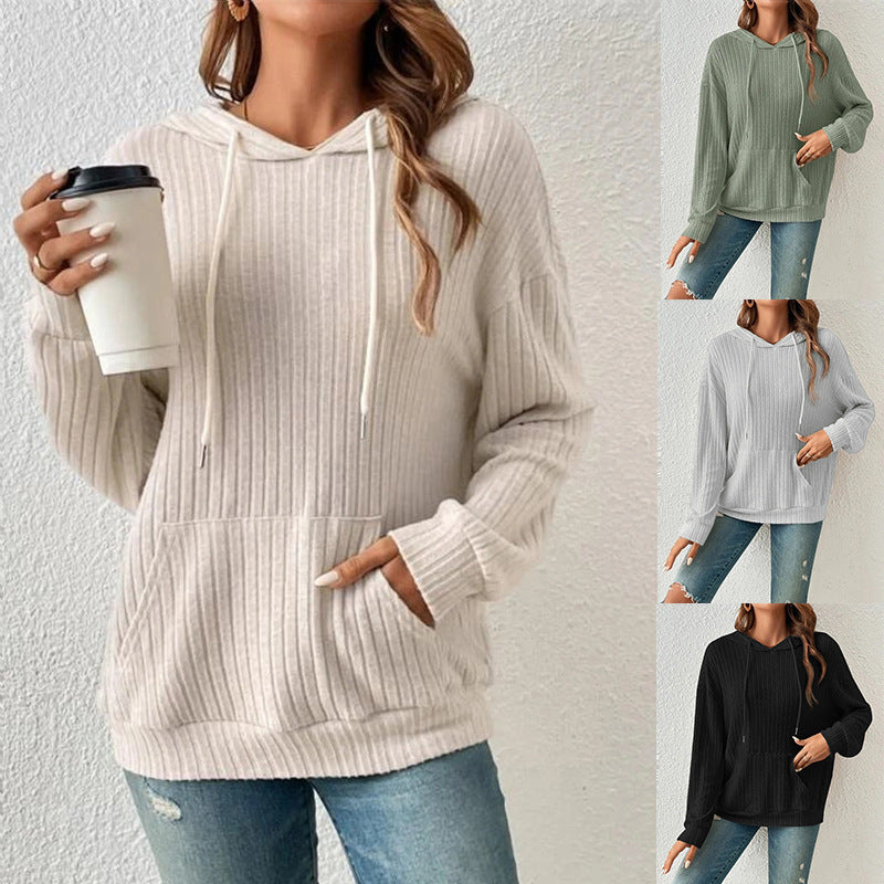 Damen Kapuzenpullover mit längs gestreifter Textur und praktischer Kängurutasche WW