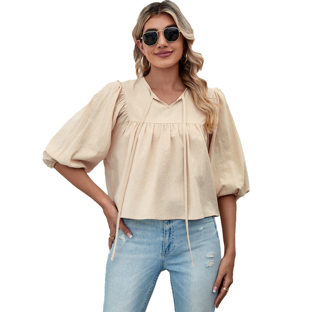 Damen Blusenshirt mit eleganten Puffärmeln und schickem Kordelzug W&W