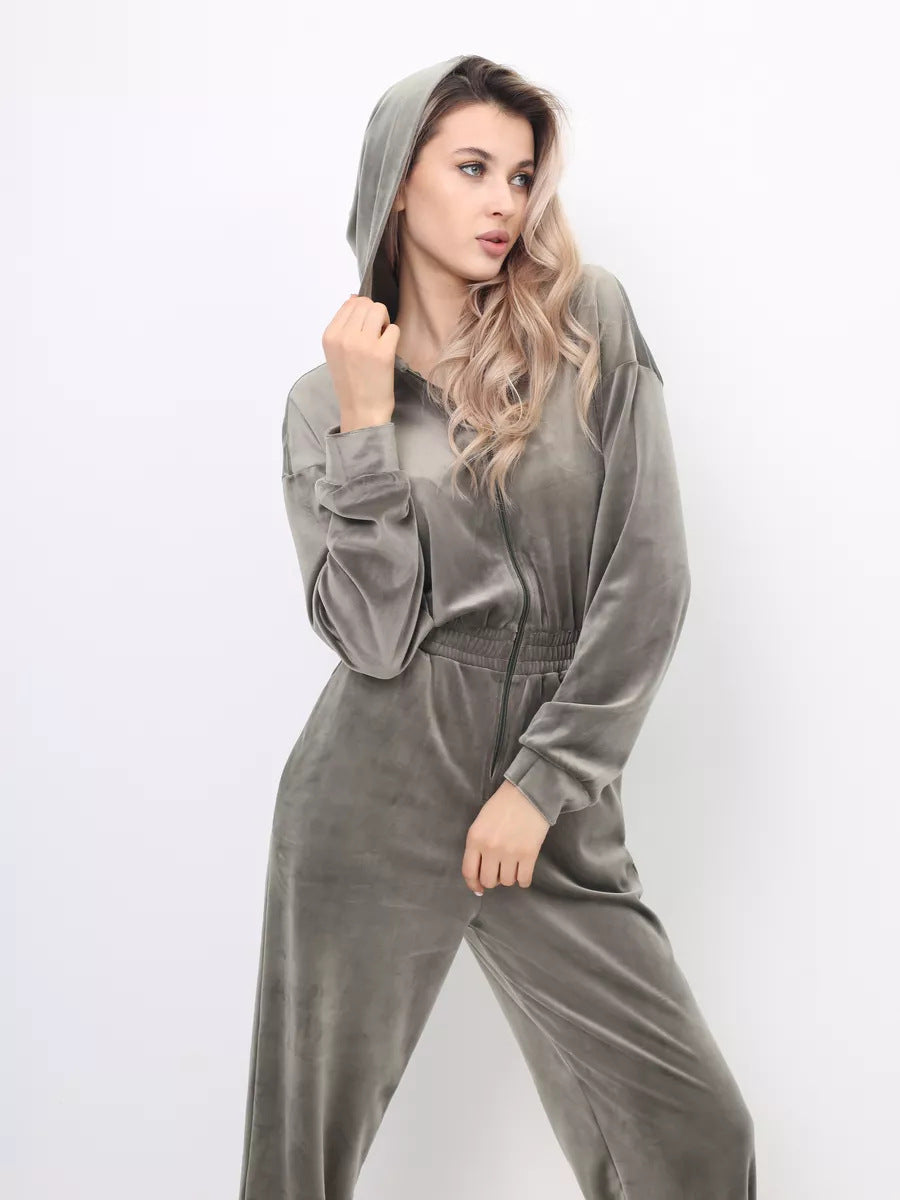 Damen sportlicher Fleece-Jumpsuit mit durchgehendem Reißverschluss WW