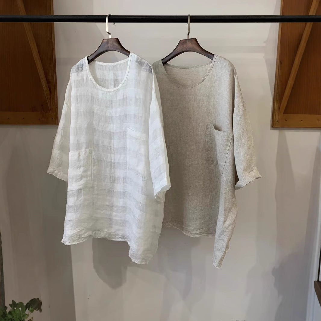 Damen Relaxed Fit Leinen Tunika mit aufgesetzten Taschen WW