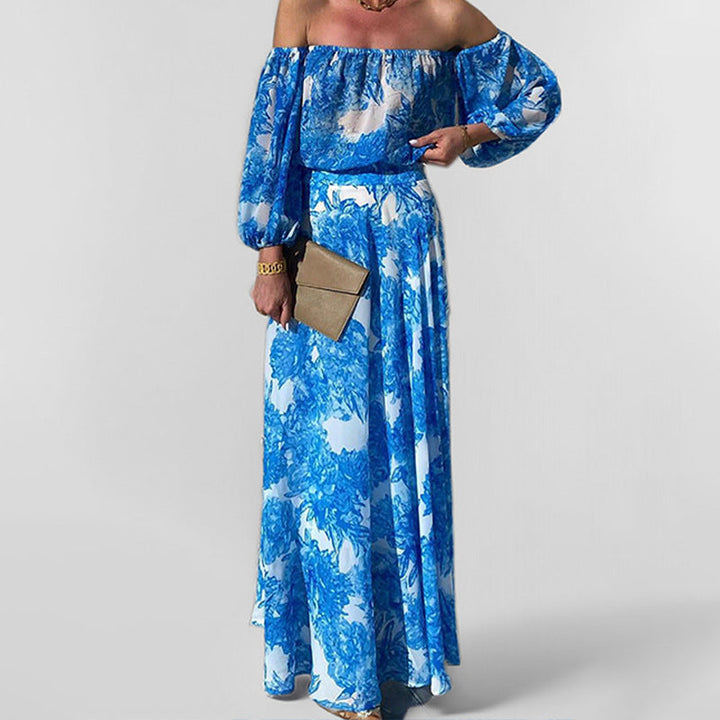 Damen Off-Shoulder Maxikleid mit floralem Druck und weitem Rock W&W Mode