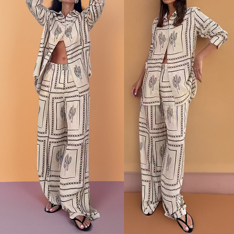 Damen Elegantes Set aus lässiger Bluse und weit geschnittenen Hosen WW