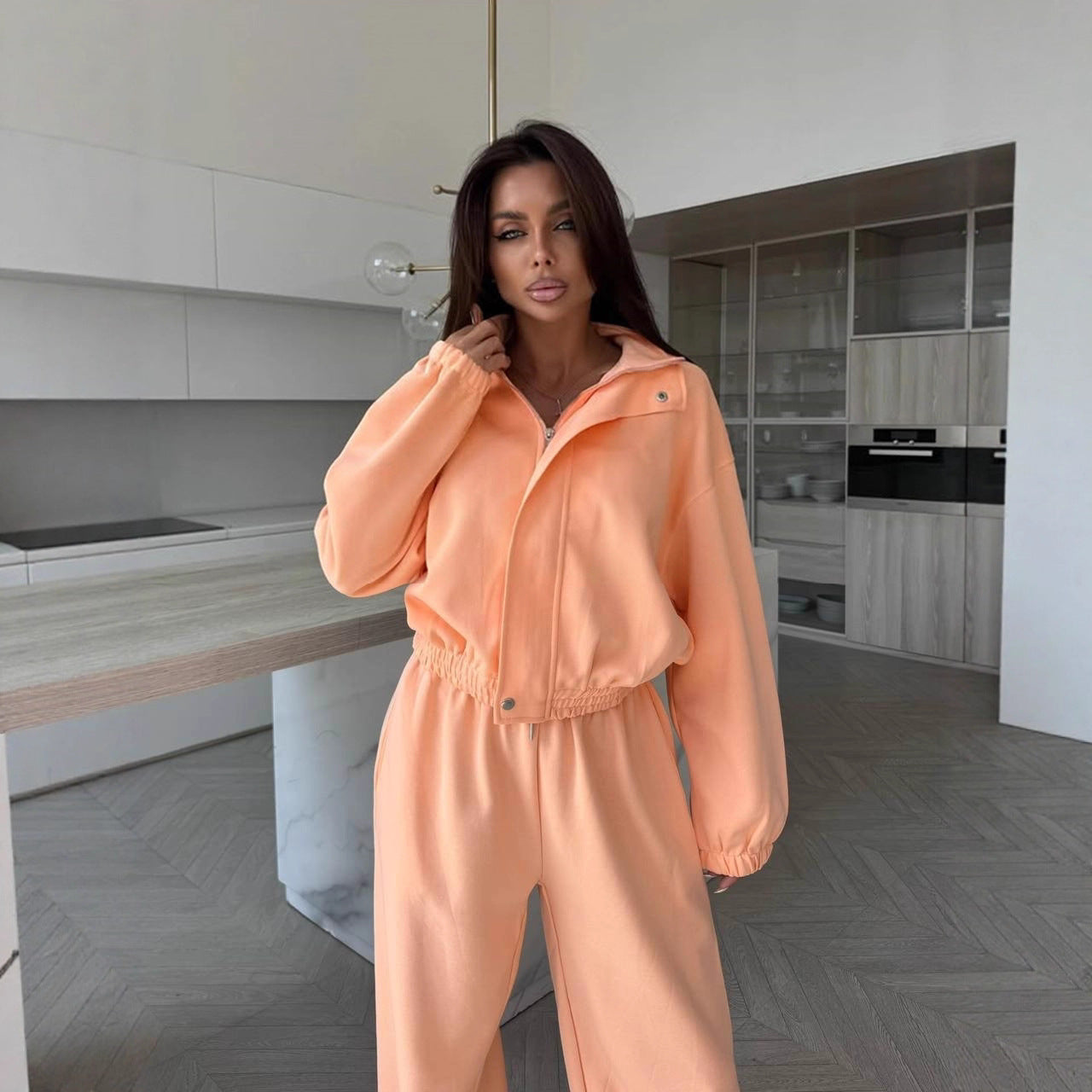 Damen sportlicher Fleece-Zweiteiler mit modernem Stehkragen und elastischem Bund WW