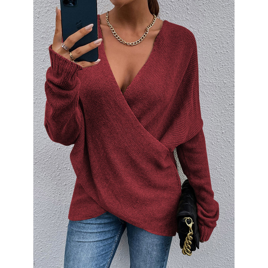 Damen Wickel-Pullover aus feinem Strick mit tiefem V-Ausschnitt und weiten Ärmeln WW