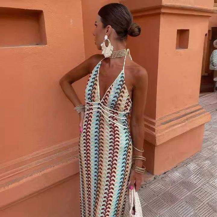 Damen Maxikleid mit tiefem V-Ausschnitt und raffinierten Häkel-Details W&W Mode