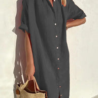 WW | Knopfkleid mit Weitem Ausschnitt und Schmalen Ärmeln, Elegant und Locker, für Frauen Baumwoll- und Leinenkleider