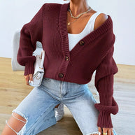 Damen bequeme Strickjacke mit schickem V-Ausschnitt WW