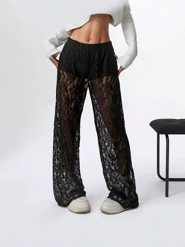 Damen elegante Spitzenhose mit weitem Schnitt und elastischem Bund WW