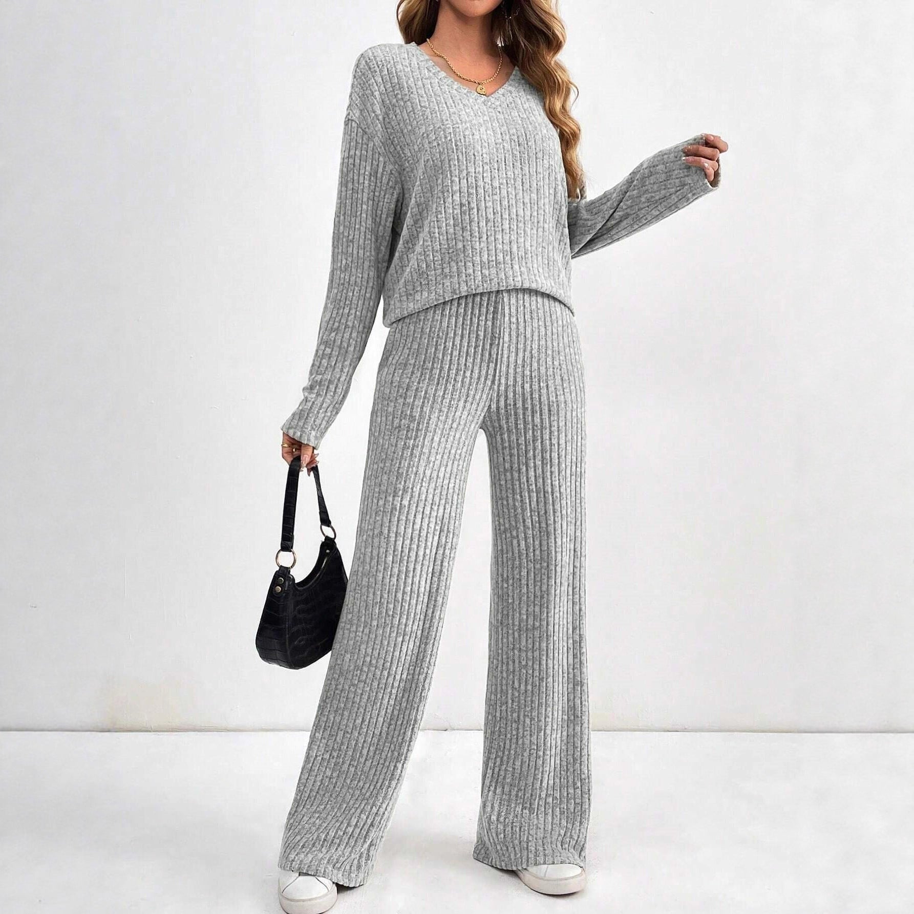 Damen bequemes Lounge-Set mit V-Ausschnitt und weitem Schnitt WW