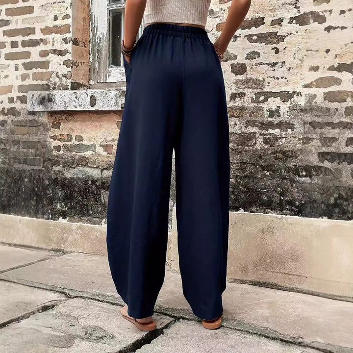 Damen weite Leinenhose mit elastischem Taillenbund und Seitentaschen W&W Mode