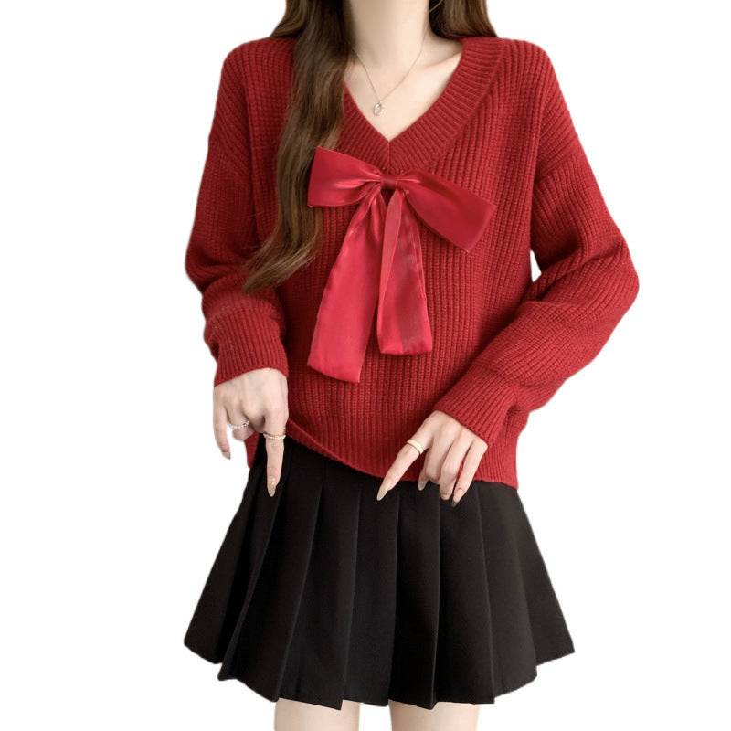 Damen Strickpullover mit V-Ausschnitt und dekorativem Schleifenakzent WW