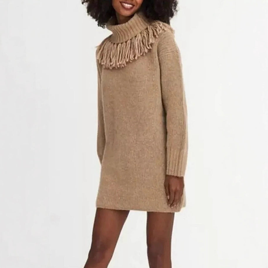 Damen Strickkleid mit Fransenkragen und gerippten Ärmeln WW