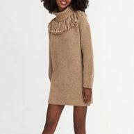 Damen Strickkleid mit Fransenkragen und gerippten Ärmeln WW