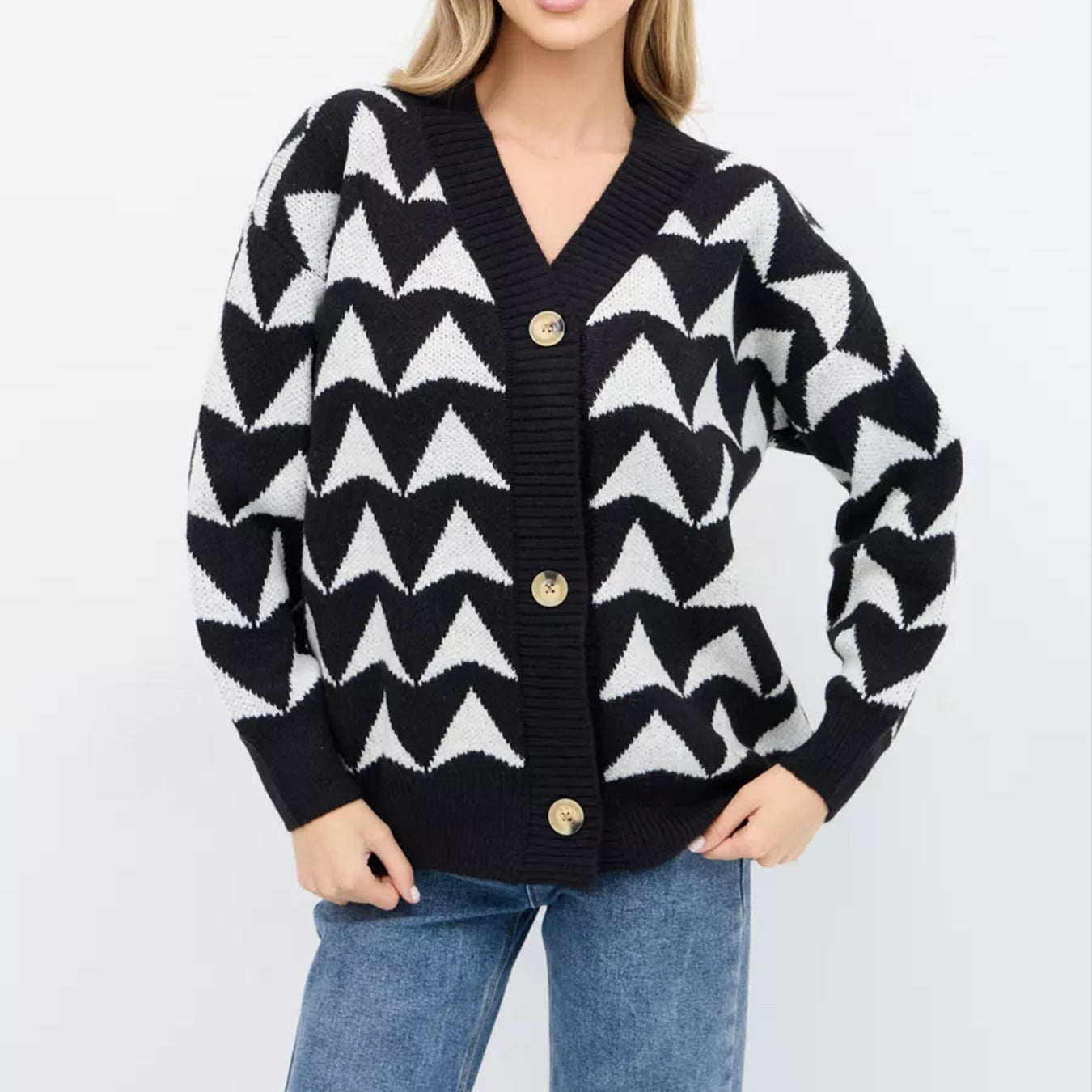 Damen Strickjacke mit geometrischem Muster und knöpfbarem Design WW