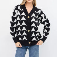 Damen Strickjacke mit geometrischem Muster und knöpfbarem Design WW