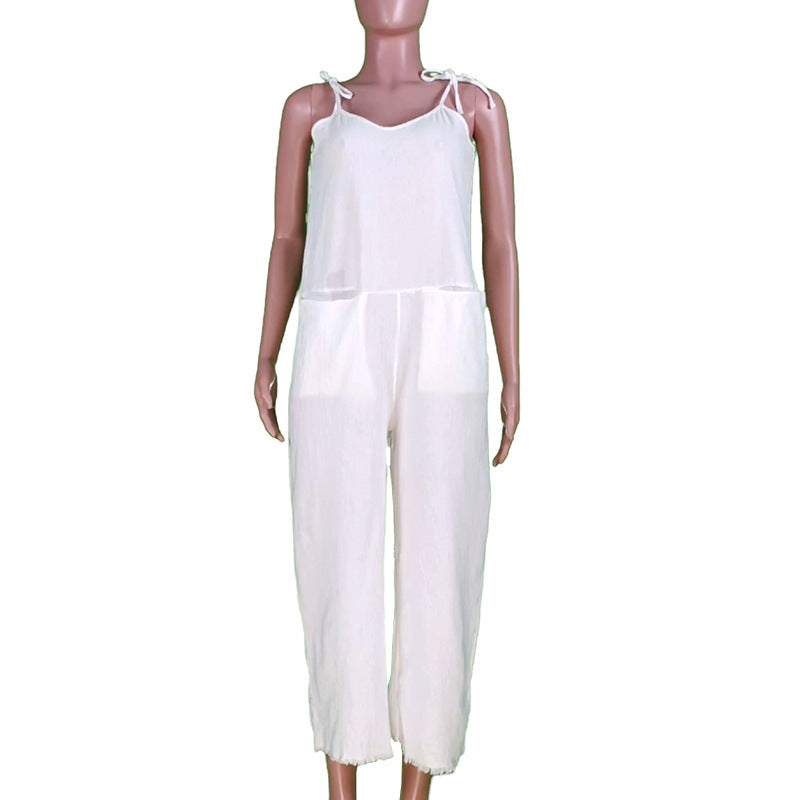 Damen Leinen-Jumpsuit mit stylischem V-Ausschnitt und praktischen Taschen WW