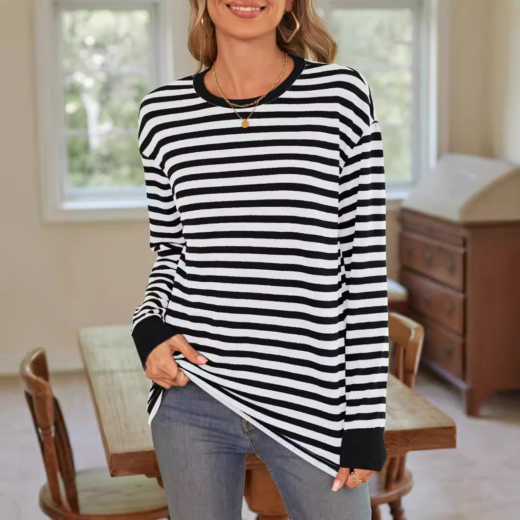 Damen bequemes Langarmshirt mit gestreiftem Design und Rundhalsausschnitt WW