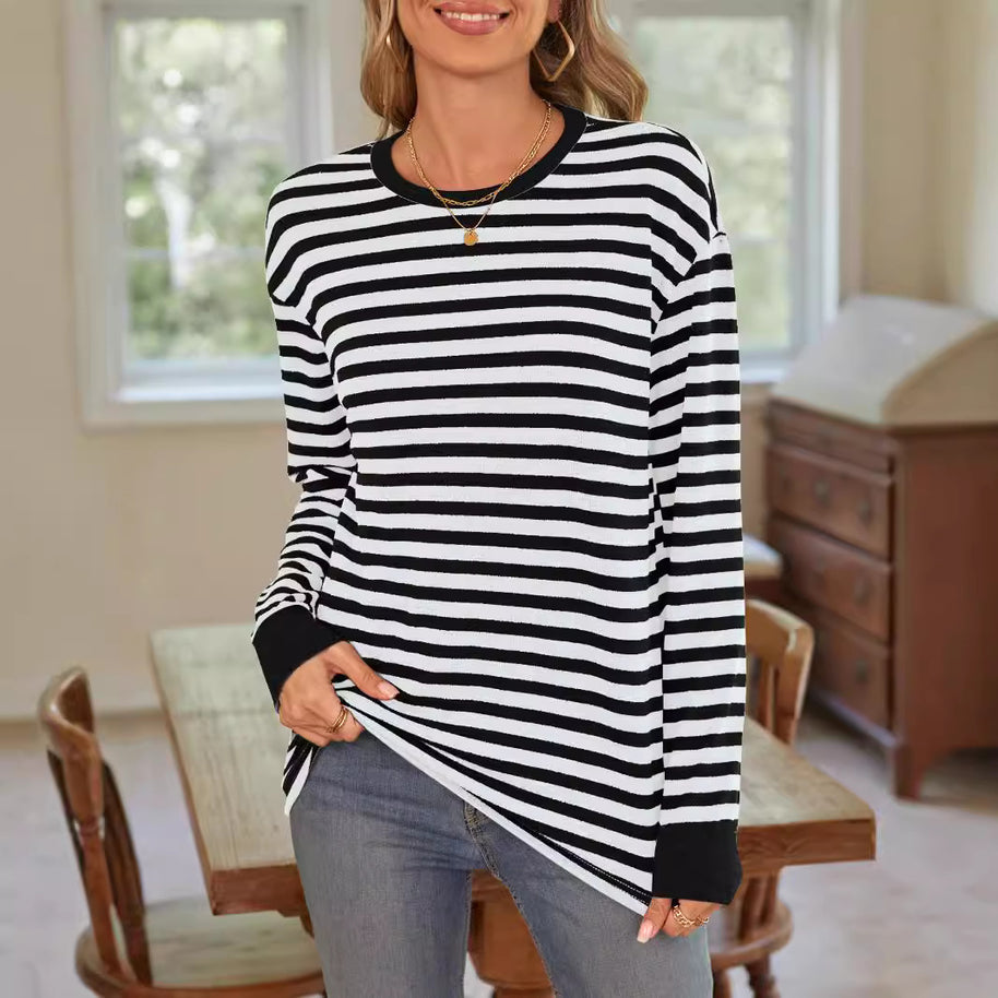 Damen bequemes Langarmshirt mit gestreiftem Design und Rundhalsausschnitt WW
