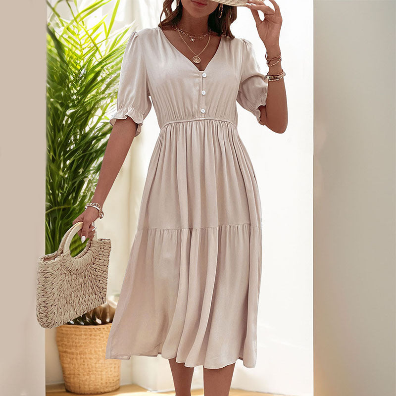 Damen Midi-Kleid mit knöpfbarem V-Ausschnitt und luftigen Puffärmeln W&W Mode