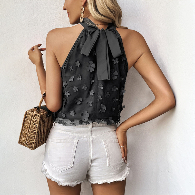 Damen blumenverzierte Chiffon Bluse mit hochgeschlossenem Kragen WW