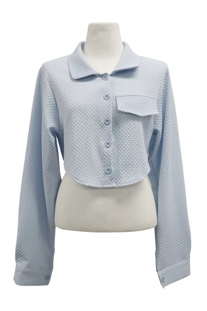 Damen lässiges geknöpftes Crop-Shirt mit Strukturmuster und aufgesetzter Tasche WW