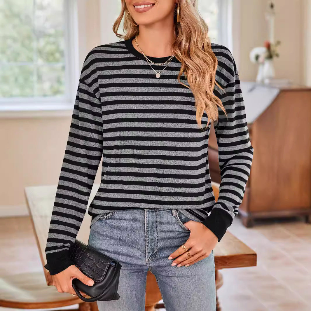 Damen bequemes Langarmshirt mit gestreiftem Design und Rundhalsausschnitt WW