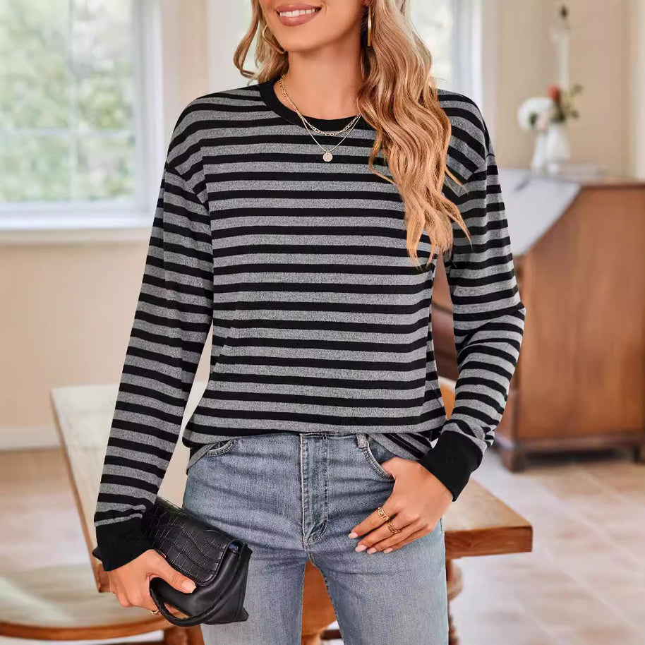 Damen bequemes Langarmshirt mit gestreiftem Design und Rundhalsausschnitt WW