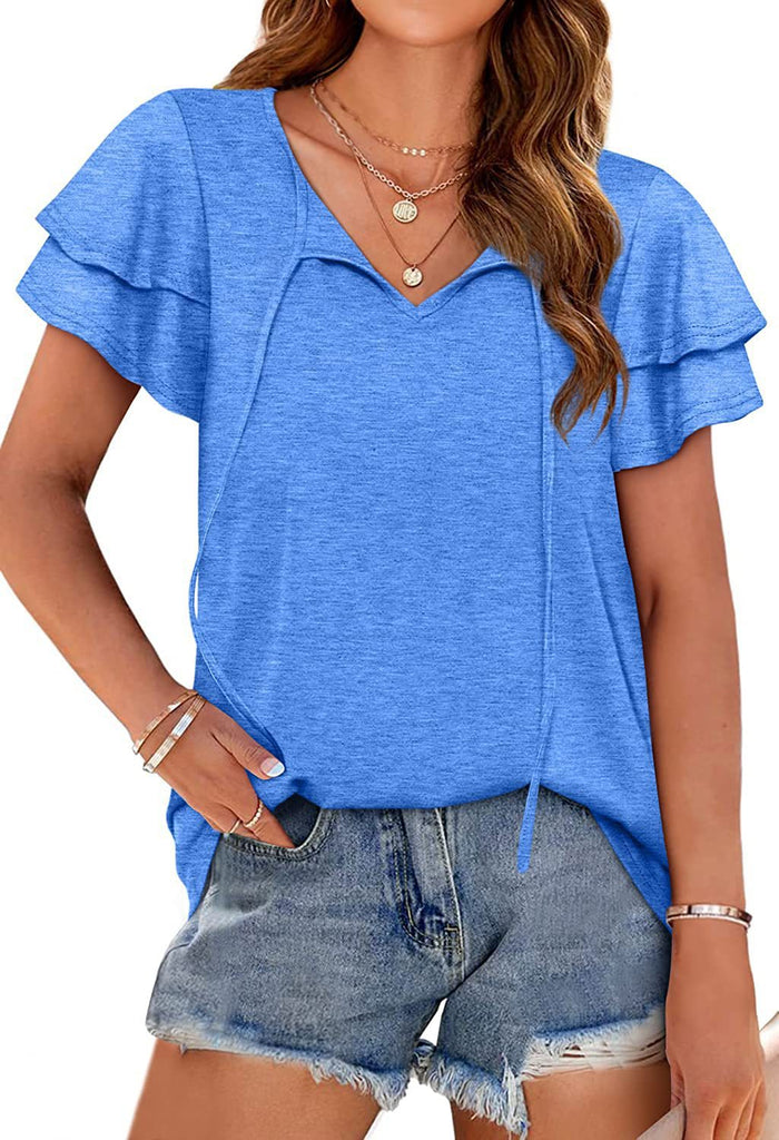 Damen lässiges V-Ausschnitt Blusenshirt mit Rüschendetails WW