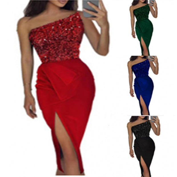 Damen Abendkleid mit asymmetrischem Design und funkelnden Pailletten WW