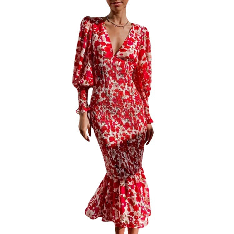 Damen Blütenmuster Kleid mit voluminösen Ärmeln WW