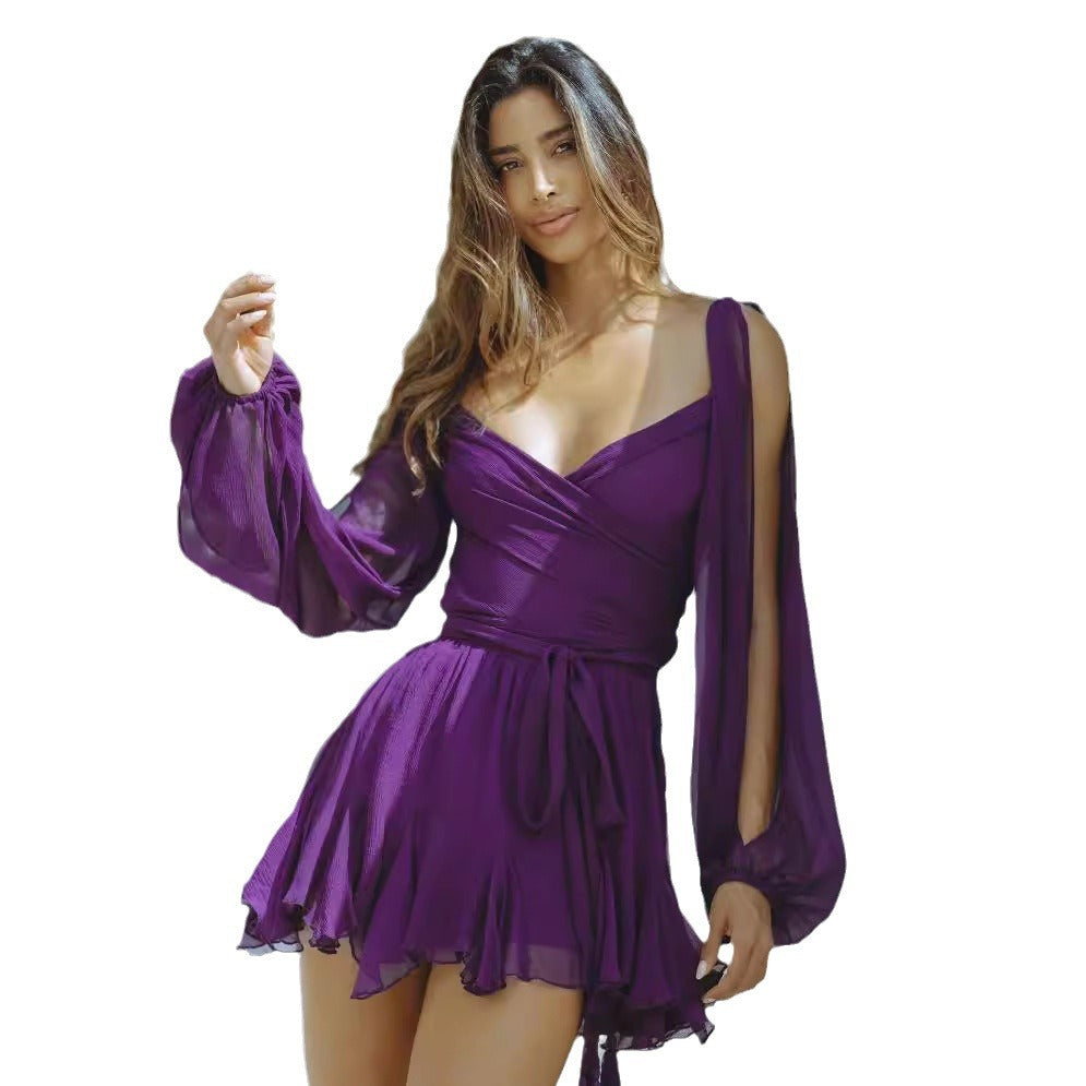 Damen romantisches Minikleid mit weich fließenden Ärmeln und Wickeloptik WW