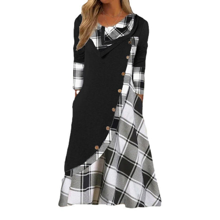 W&W Mode | Plaid Gespalten Knopf Tasche Gestapelte Kragen Langarmkleid