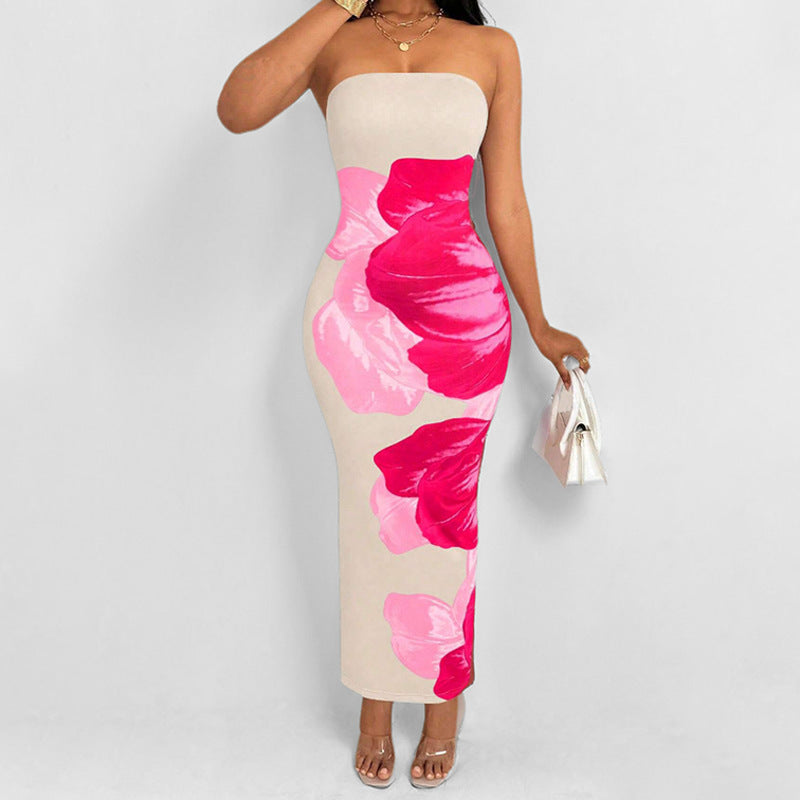 Damen Etui Maxikleid mit schulterfreiem Design und floralem Druck WW
