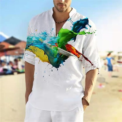 Herren Leinenhemd mit einzigartigem Federdesign und modischem Henley-Ausschnitt WW