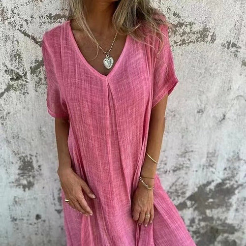 W&W Mode | Baumwolle Leinen V-Ausschnitt Kleid