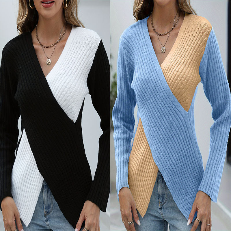 Damen asymmetrisches Strickoberteil mit eleganter V-Front WW