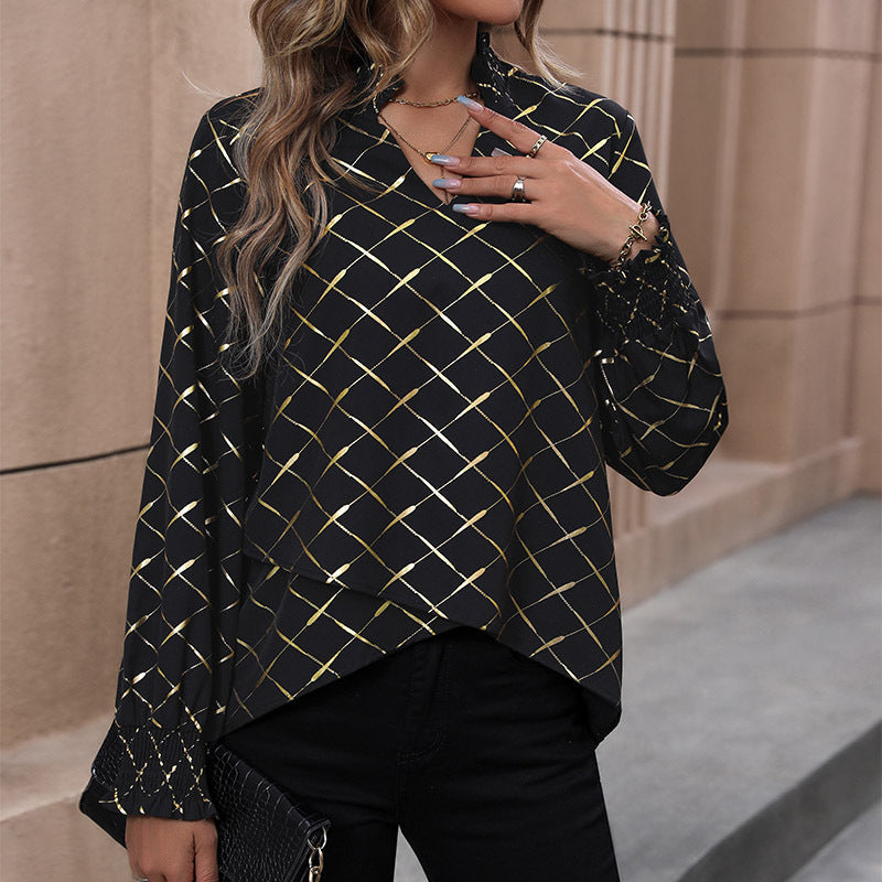 Damen Bluse mit elegantem Rautenmuster und Puffärmel W&W Mode