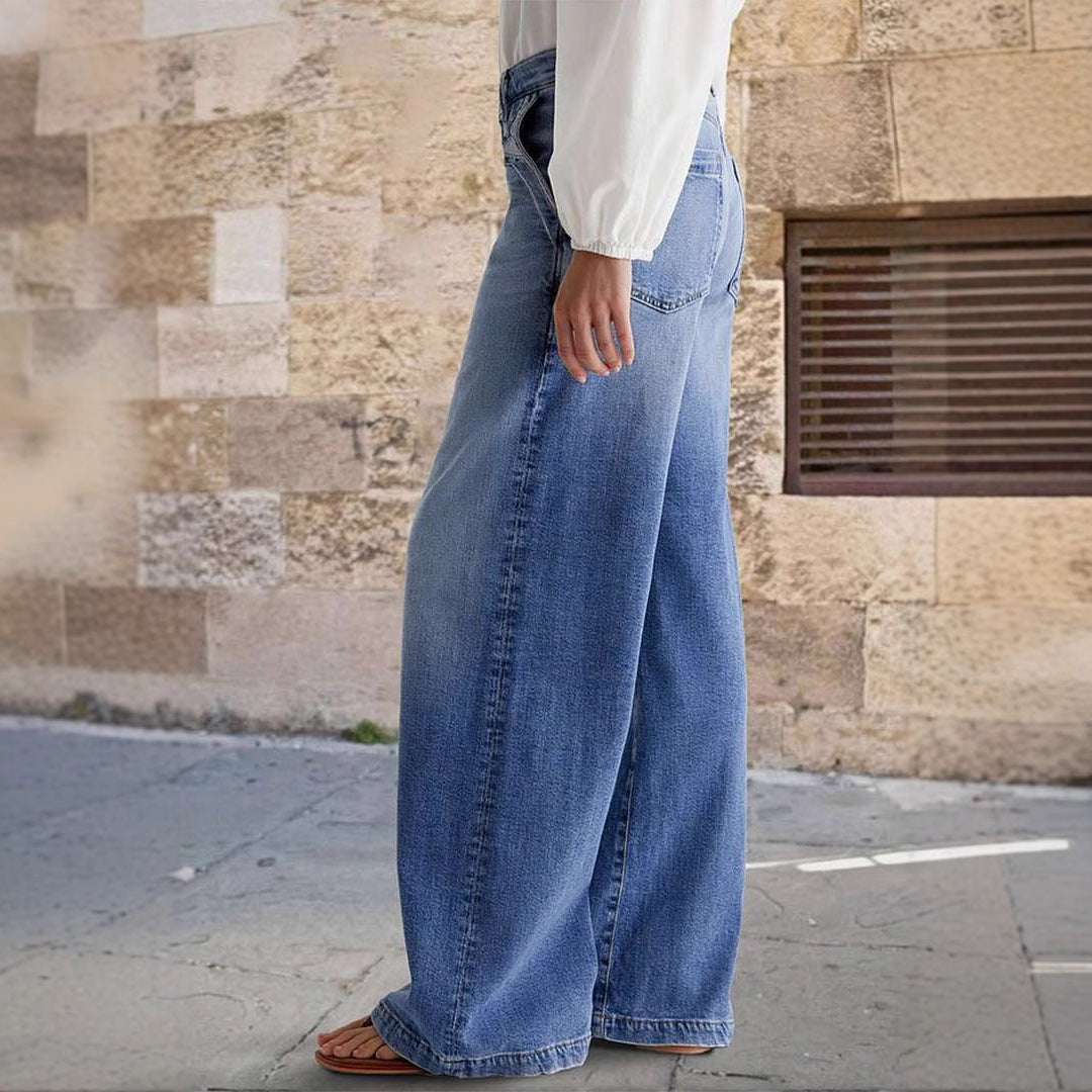 Damen weit geschnittene Jeanshose mit hohem Bund und eleganten Nähdetails W&W Mode