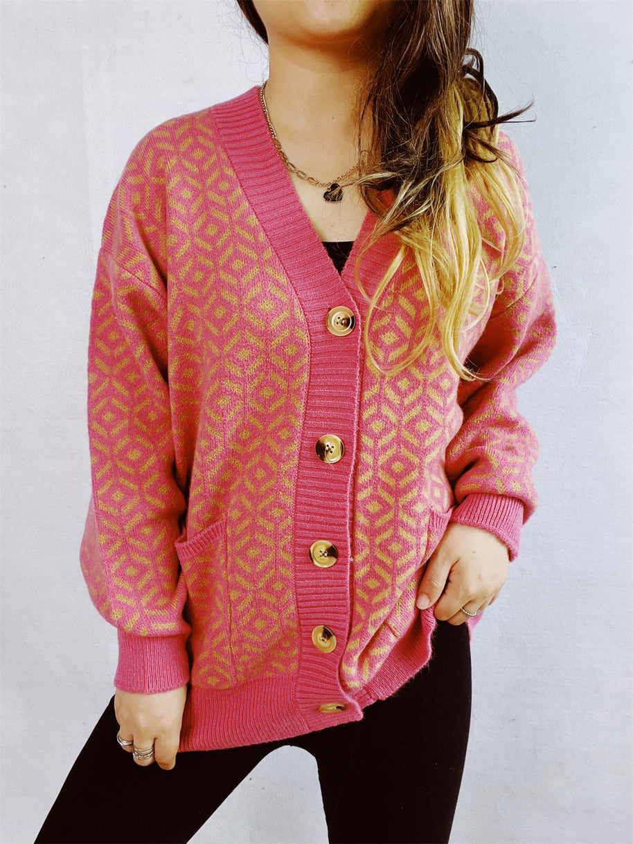 Damen Strickjacke mit geometrischem Muster und Knopfdetails WW
