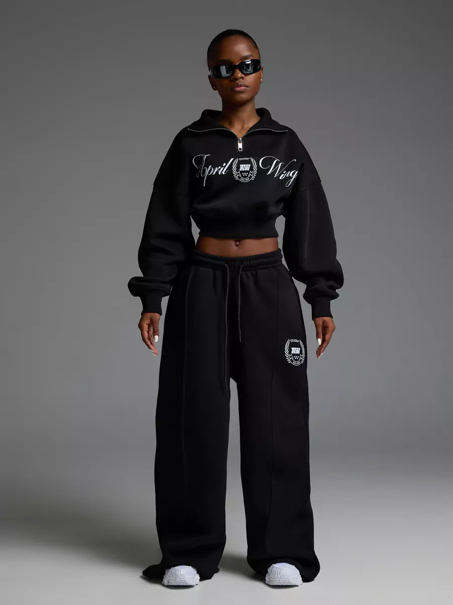 Damen Sportliches Cropped Sweatshirt und lässige Freizeithose Set WW