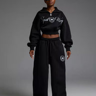 Damen Sportliches Cropped Sweatshirt und lässige Freizeithose Set WW