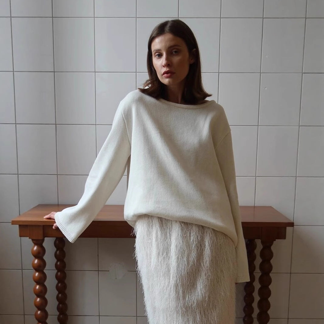 Damen Relaxed Fit Pullover mit tiefem Rundhalsausschnitt und weiten Ärmeln WW